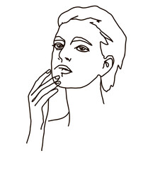 line drawing of woman face. Cute female linear portrait. Outline  woman avatar