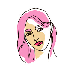 line drawing with color shapes woman face. Cute female linear portrait. Outline  woman avatar