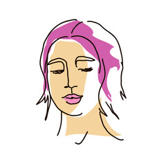 line drawing with color shapes woman face. Cute female linear portrait. Outline  woman avatar