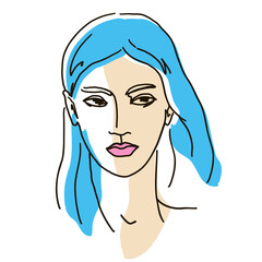 line drawing with color shapes woman face. Cute female linear portrait. Outline  woman avatar