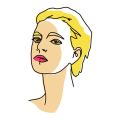 line drawing with color shapes woman face. Cute female linear portrait. Outline  woman avatar