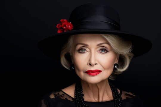 Luxurious elderly woman in a black hat and black dress, on a dark background