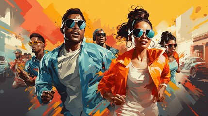 Fototapeta premium A group of people in sunglasses and stylish jackets run together towards a common goal. They are in a hurry to make it. An explosion of summer colors and freshness.