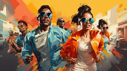 Foto op Aluminium A group of people in sunglasses and stylish jackets run together towards a common goal. They are in a hurry to make it. An explosion of summer colors and freshness. © Artur
