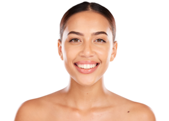 Portrait, beauty and woman in skincare, wellness and luxury pamper isolated on a transparent PNG background. Face, girl and model happy, smile and excited by facial, product results and grooming