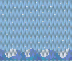 Knitted mountain texture in snow, seamless winter background.