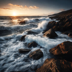 Fototapeta premium Waves Crashing on Rocky Shore at Sunset