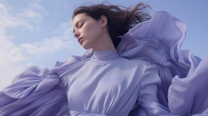 Dramatic fabric and surreal beauty, a woman's authentic connection with nature in soft twilight hues.