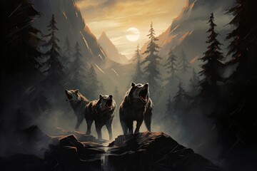 Watercolor wolves prowl the forest, their presence magnified by the radiant full moon above - obrazy, fototapety, plakaty