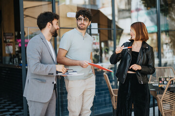 Business professionals discuss strategies at a city coffee bar, analyzing profit margins and sales strategies for successful business growth. Outdoor meeting concept. - obrazy, fototapety, plakaty