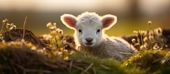 An adorable lamb born in spring from Ireland captured in a photograph in County Louth - obrazy, fototapety, plakaty