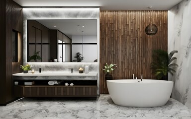 Naklejka premium 3d render minimalist interior bathroom , modern wooden, plants, bathtub, panel wall, black-white ai generative