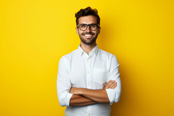 portrait of a man against a yellow background - obrazy, fototapety, plakaty