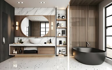 Naklejka premium 3d render minimalist interior bathroom , modern wooden, plants, bathtub, panel wall, black-white ai generative