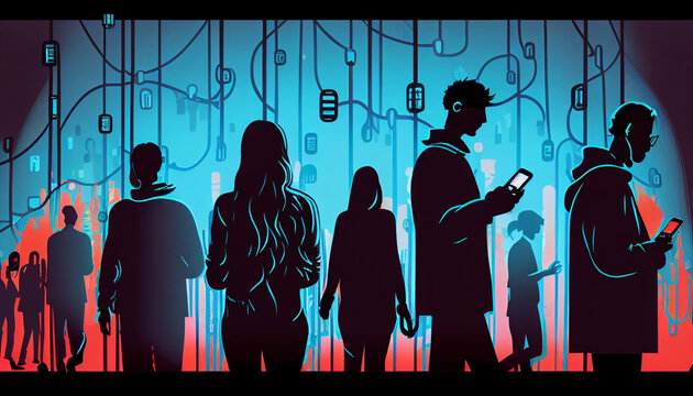 Silhouette von Personen mit Handy oder Smartphone Stadt sucht Abh&auml;ngigkeit soziale Medien Kommunikation Datenschutz Privatsph&auml;re Generative AI 