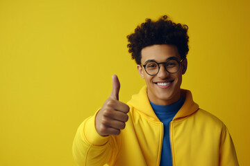 portrait of a young man waving in front of a yellow background  - obrazy, fototapety, plakaty