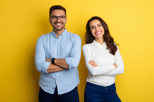 portrait of a man and a woman in front of a yellow background. team, ensemble, company
