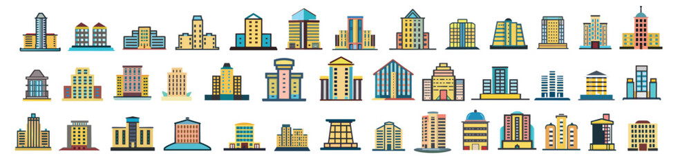 Building icon set. Containing house, office, bank, school, hotel, shop, university and hospital icons. Solid icon collection. Vector illustration.