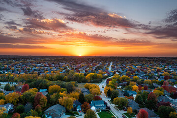 Fall sunset aerial view over a neighborhood