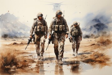A troop of armed soldiers advances along a road, their mission captured in vibrant watercolor strokes. - obrazy, fototapety, plakaty