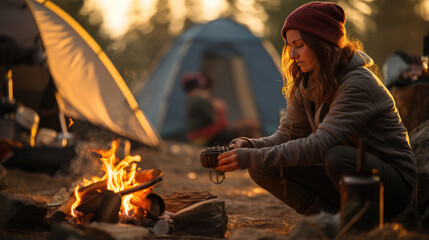 Fototapeta premium A woman, seated next to a tent in a forest clearing, tends to a campfire, roasting a marshmallow as the sun sets in the background.