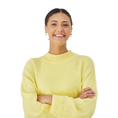 Smile, portrait and woman with arms crossed, fashion and youth mindset isolated on png transparent...