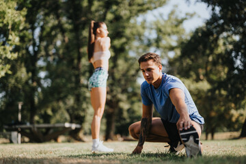 Young athletes warm up for an outdoor workout in a sunny park. Friends dedicated to challenging physical activity, promoting a healthy lifestyle and inspiring each other to achieve great results.