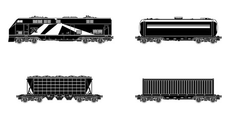Railway freight wagons, black locomotive silhouette with wagons on a white background, car the tank, hopper car and container platforms, illustration - obrazy, fototapety, plakaty