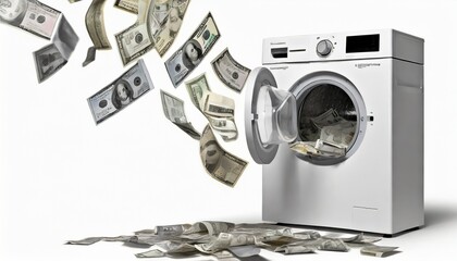 Money laundering concept. Banknotes flying out of a laundry machine. - obrazy, fototapety, plakaty