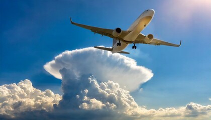 Obraz premium Plane in flight from below. Cumulonimbus storm cloud.