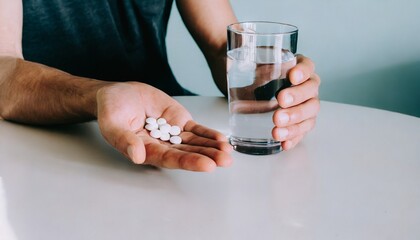 Pills and a glass of water in hands. Studio photo