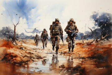 In this piece, soldiers tread a winding road, rifles in hand, portrayed through dynamic modern watercolor techniques.