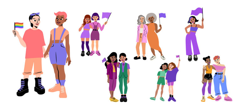 Set of female protesters. Feminist protesters on parade. LGBTQ flag. Pride month. Feminism. Flat style illustration. Human rights advocate. Senior, middle aged, young women. Children. Diverse group.