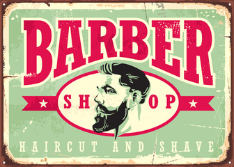 Vintage tin sign for barber shop with man graphic in hipster style. Retro advertisement for haircut and shave. Antique sign vector promo illustration.
