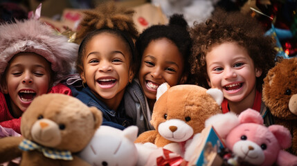 Joyful children surrounded by plush Christmas toys and gifts smile and laugh in a heartwarming holiday setting. - obrazy, fototapety, plakaty
