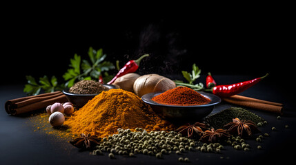 Spice mix on a black table. Curry powder, red pepper powder, Cinnamon sticks, green peppercorns, coriander, star anise, chili peppers, herbs and ginger. 

