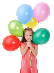 Fototapeta na wymiar Portrait, kid and happy girl with smile for balloons for party, celebration or fun event. Youth, female model and excited expression with joy on isolated or a transparent png background for birthday