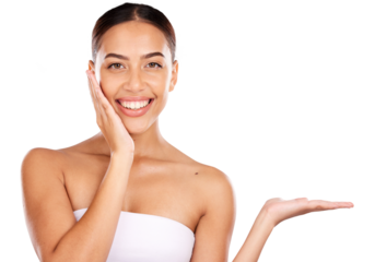 Beauty skincare and portrait of woman with palm for facial, advertising or wellness isolated on a transparent PNG background. Smile, happy and health with face of model or hands out in cosmetics