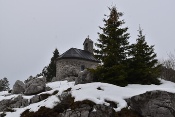 Snowy Chapel in a Winter Landscape. Zaviža,, North velebit, Croatia.