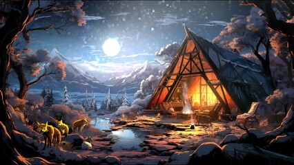 Moonlit lo-fi animation of camping scene, wolves, and firelight, perfect for VTuber streams, digital displays, and video calls. Elevate virtual ambiance with serene winter wilderness