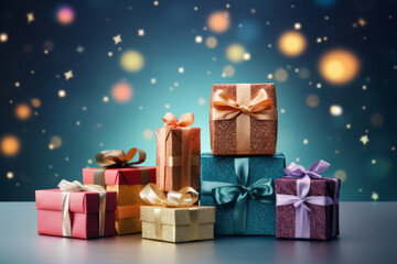 Christmas or birthday gift boxes stacked in various colors - with space for text