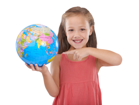 Portrait, smile and a girl pointing to the world isolated on a transparent background for travel or sustainability. Recycle, global warming or climate change and a young child on PNG with our planet