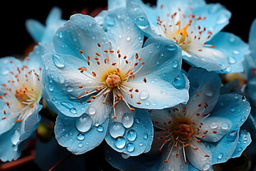Nature's own fantastic spectacle: water drops on blue apple flowers, a serene moment captured in time