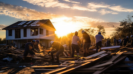 A group of workers collaboratively clean up and renovate a white house, amidst piles of debris and construction tools, on a sunny day.