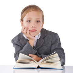 Book, education and portrait of bored girl child on isolated, transparent and png background. Adhd, autism and kid student face with a learning disability in a classroom frustrated by school notebook