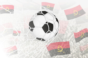 National Football team of Angola scored goal. Ball in goal net, while football supporters are waving the Angola flag in the background.