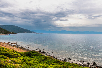 Rocky Coastline. Sanguinaire islands and Parata Tower in Corsica. Near Ajaccio in the Mediterranean Sea, Torra Ghjinuvesa di a Parata, Corsica, France