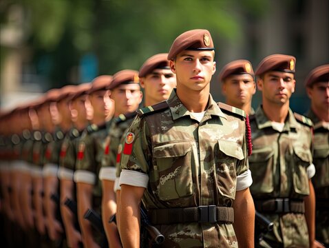 Formation of soldiers in berets in summer uniform. Armed forces. Generated by AI.