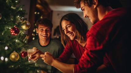 Three friends joyfully decorate a glowing Christmas tree, sharing a warm and intimate moment of togetherness during the holiday season.