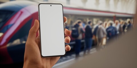 CU view of Caucasain male using his phone on a train station platform